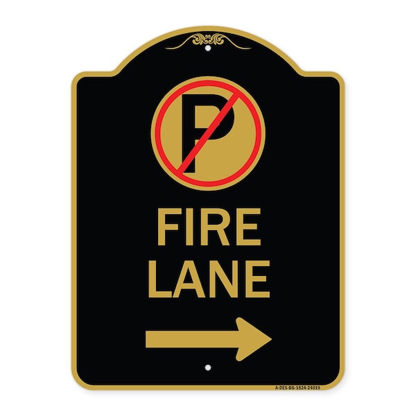 Signmission Fire Lane No Parking and Right Arrow, Black & Gold Aluminum Sign, 18" x 24", BG-1824-24019 A-DES-BG-1824-24019 - main